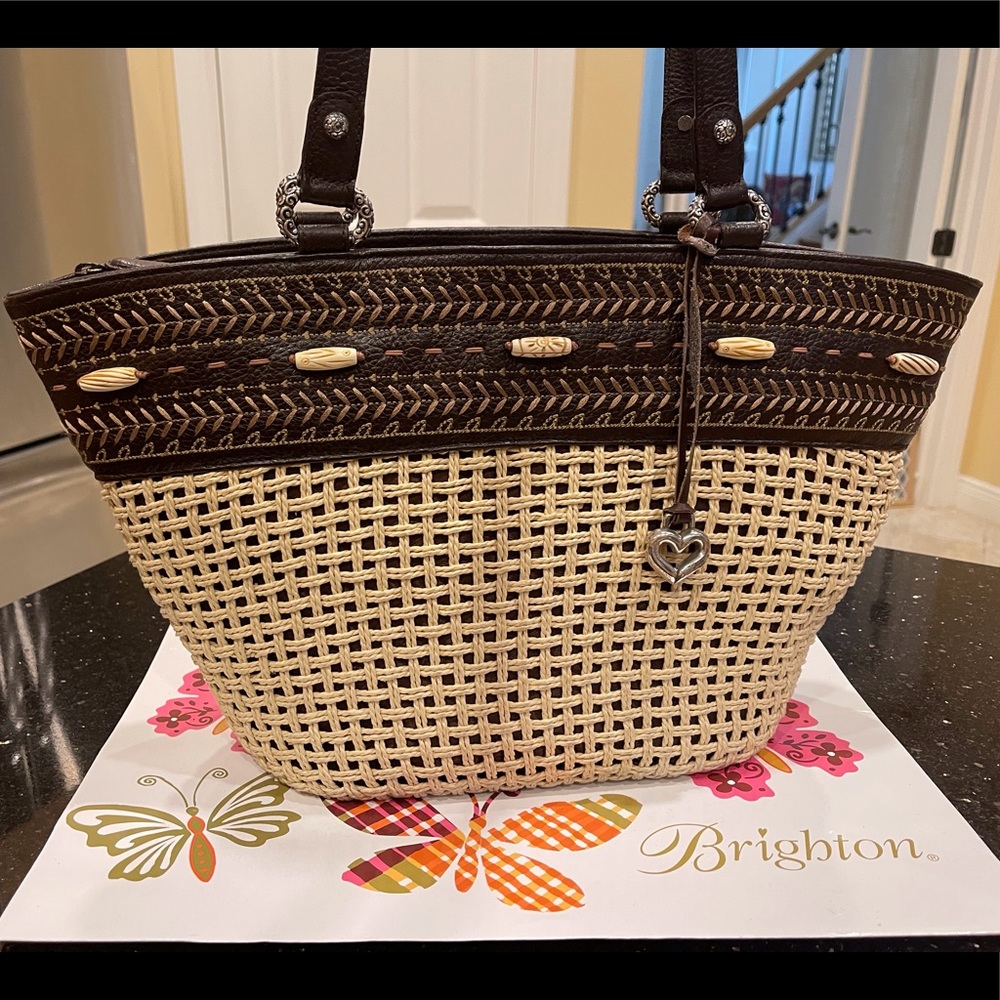 BRIGHTON GIGANTIC JUTE AND LEATHER SHOULDER BAG